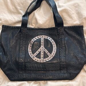 Carla Mancini Genuine Leather Slouchy Tote - Peace Sign - Black Leather